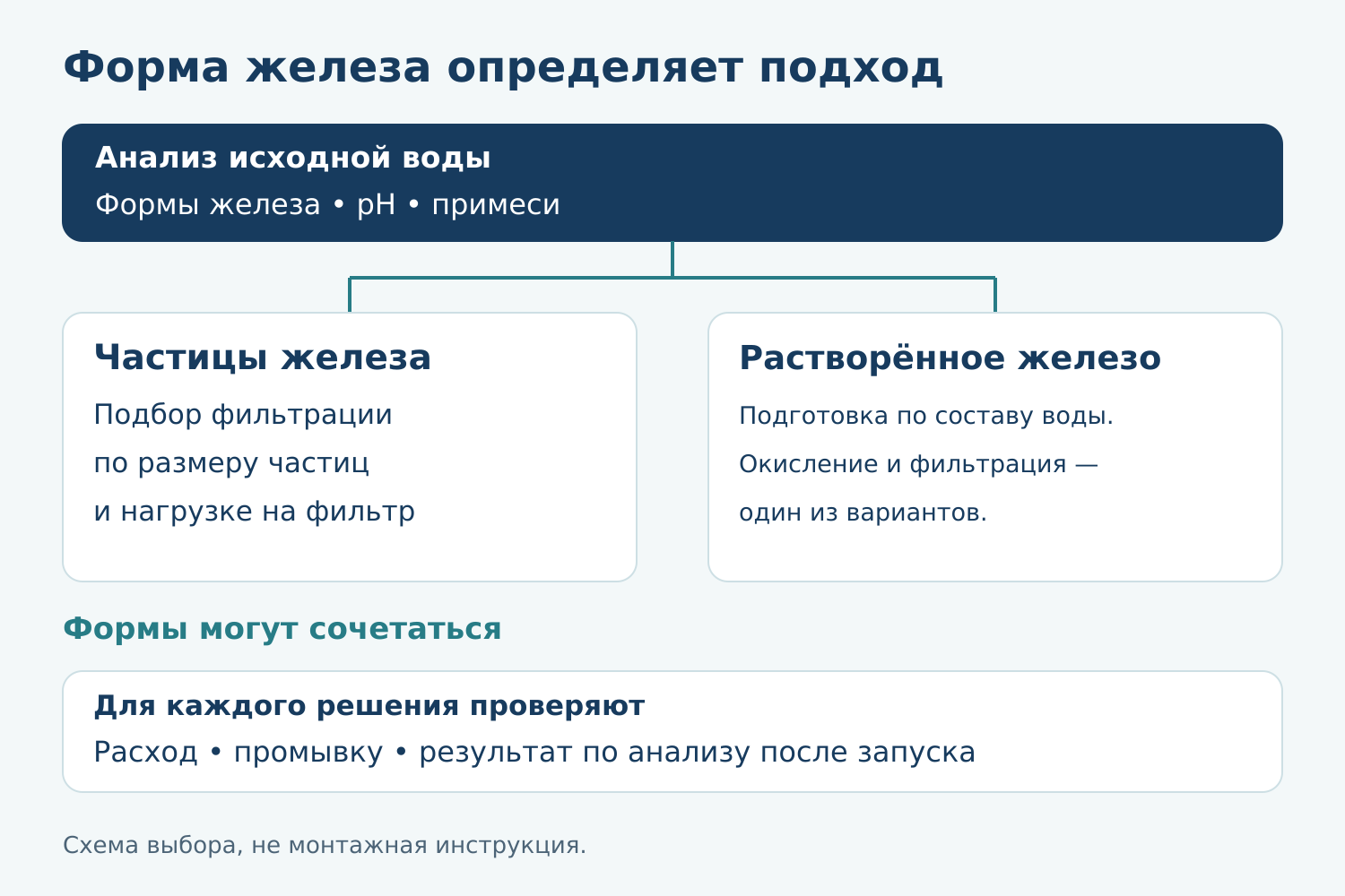Схема выбора: анализ и форма железа определяют варианты обработки; для каждого проверяют расход, промывку и результат